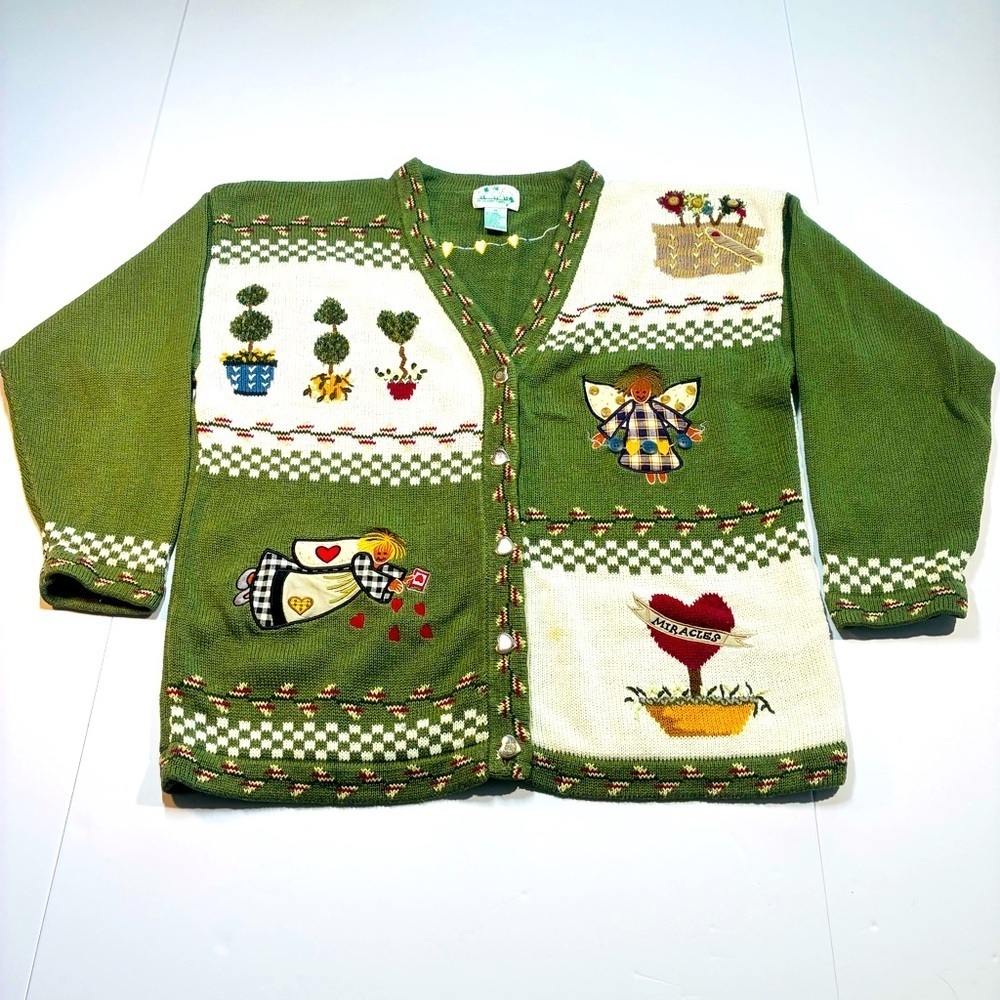 Vintage Granny Garden Angel Cardigan Sweater Embroidery 1X CottageCore Quacker